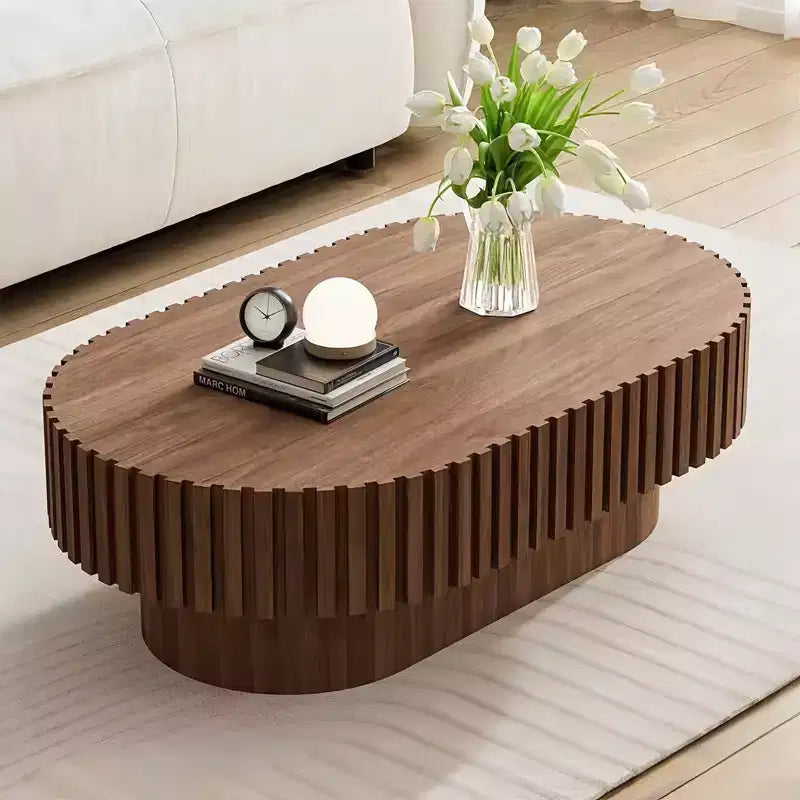 Oval Coffee Table, Mid-Century Fluted Base, Wooden Accent for Living Room, Bedroom, Apartment, Office, Small Space