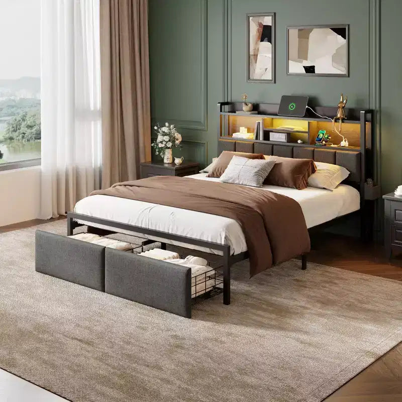 Struttura Letto Matrimoniale Imbottita con Piattaforma, Cassetti Contenitori, Testiera con Scaffale, Luci LED, Stazione di Ricarica, Struttura in Metallo, Nessuna Rete a Molle Necessaria, Camera da Letto per Ragazzi