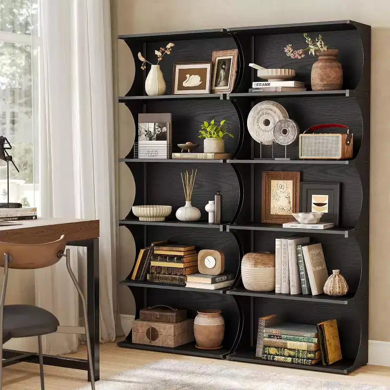 Libreria a 5 ripiani Lantine, libreria aperta alta 180 cm con design unico a bordi curvi, scaffale espositivo moderno per ufficio, soggiorno, camera da letto, nero