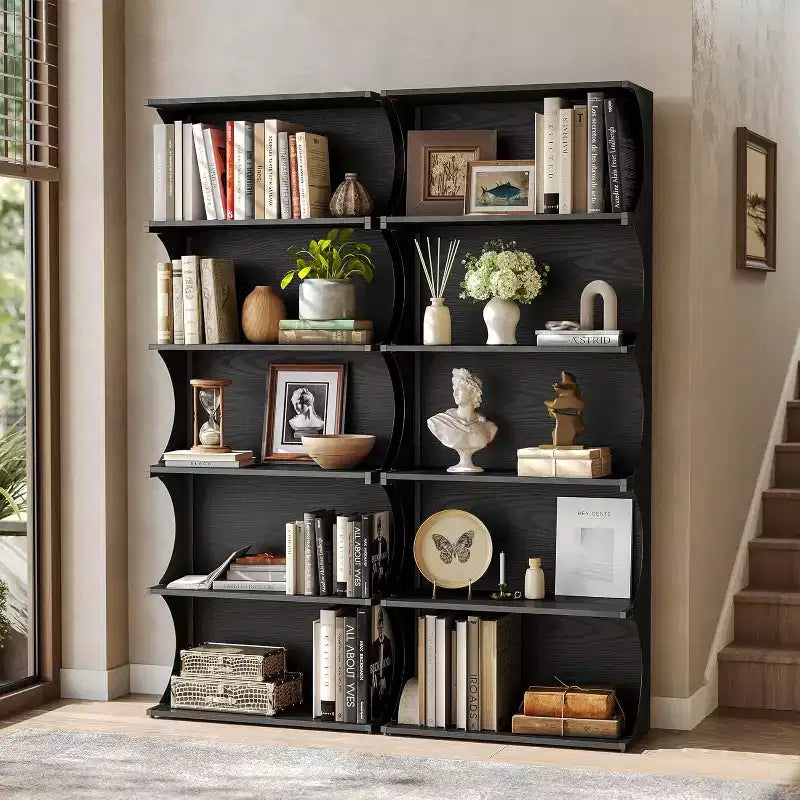 Libreria a 5 ripiani Lantine, libreria aperta alta 180 cm con design unico a bordi curvi, scaffale espositivo moderno per ufficio, soggiorno, camera da letto, nero