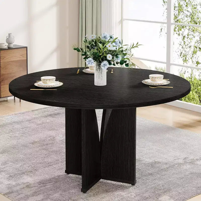 Tavolo da pranzo rotondo Lantine da 99,99 cm per 4 persone, tavolo da cucina in legno stile rustico con finitura marrone rustico per sala da pranzo, soggiorno, nero