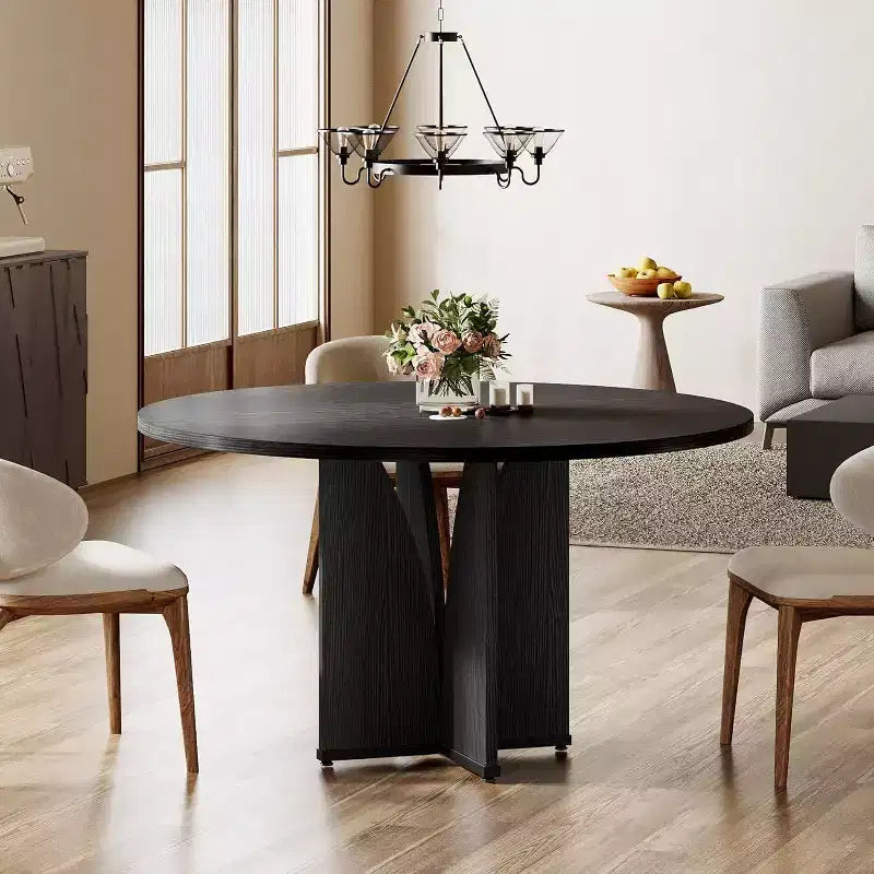 Tavolo da pranzo rotondo Lantine da 99,99 cm per 4 persone, tavolo da cucina in legno stile rustico con finitura marrone rustico per sala da pranzo, soggiorno, nero
