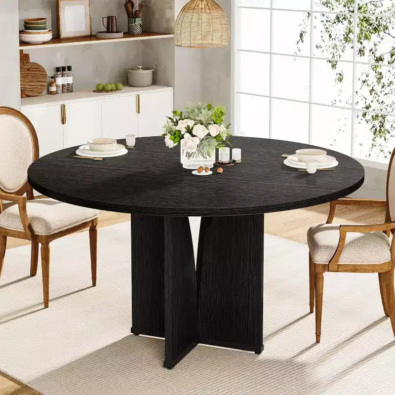 Tavolo da pranzo rotondo Lantine da 99,99 cm per 4 persone, tavolo da cucina in legno stile rustico con finitura marrone rustico per sala da pranzo, soggiorno, nero