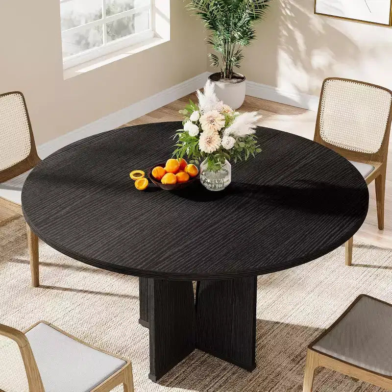 Tavolo da pranzo rotondo Lantine da 99,99 cm per 4 persone, tavolo da cucina in legno stile rustico con finitura marrone rustico per sala da pranzo, soggiorno, nero