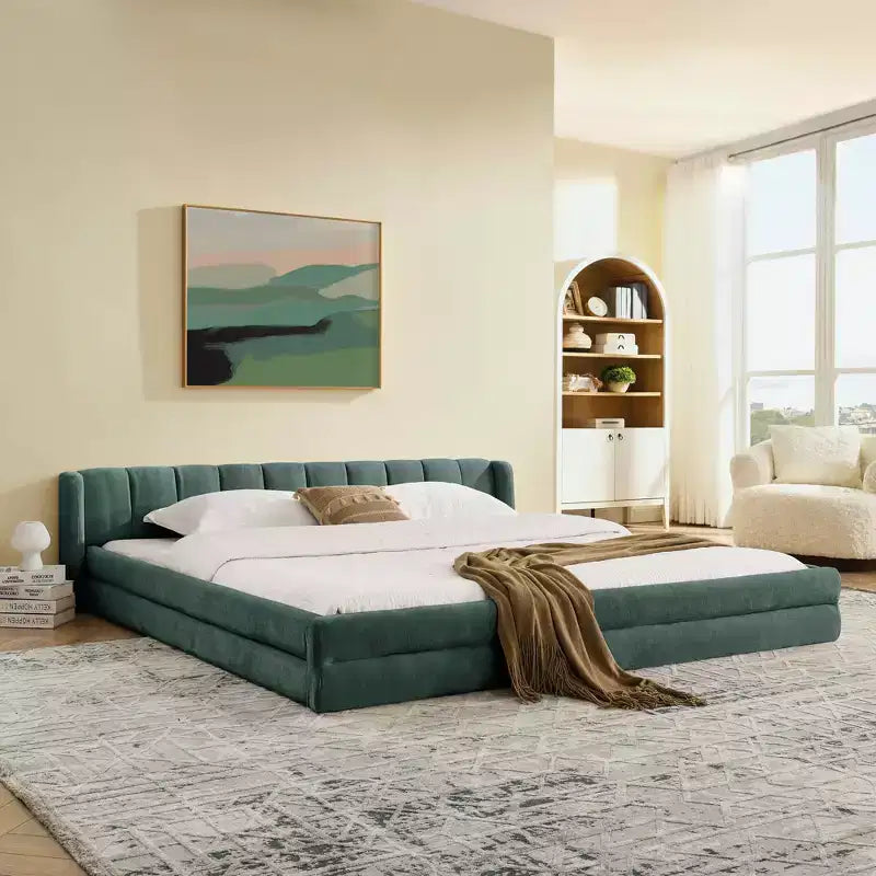 MAYEERTY Letto King Size Imbottito con Testiera Struttura Solida Tessuto ciniglia Struttura Solida per Camera da Letto Blu Verde