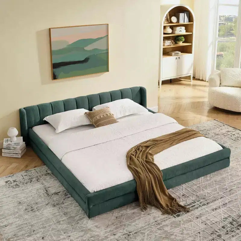 MAYEERTY Letto King Size Imbottito con Testiera Struttura Solida Tessuto ciniglia Struttura Solida per Camera da Letto Blu Verde