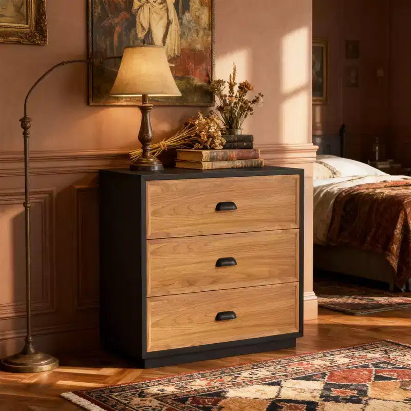 Luck Live Farmhouse Comodino in legno massello 31,49" con 3 cassetti, comodino rustico