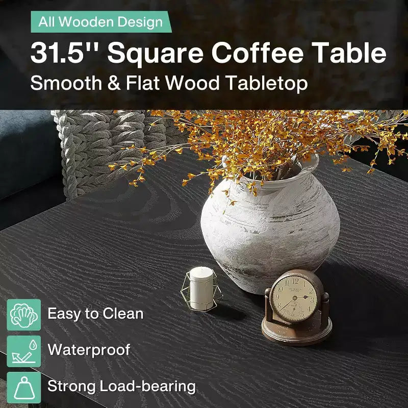 Tavolino da caffè quadrato Lantine da 31,5 pollici, tavolo da cocktail scanalato moderno di metà secolo per soggiorno, facile da montare, nero