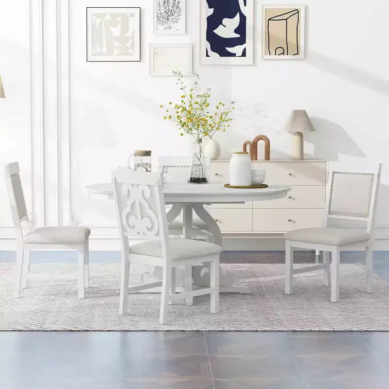 Set Tavolo da Pranzo per 4 Persone in Stile Rustico, Tavolo da Pranzo Rotondo Allungabile in Legno e 4 Sedie Imbottite, Set da Pranzo Retrò per Cucina