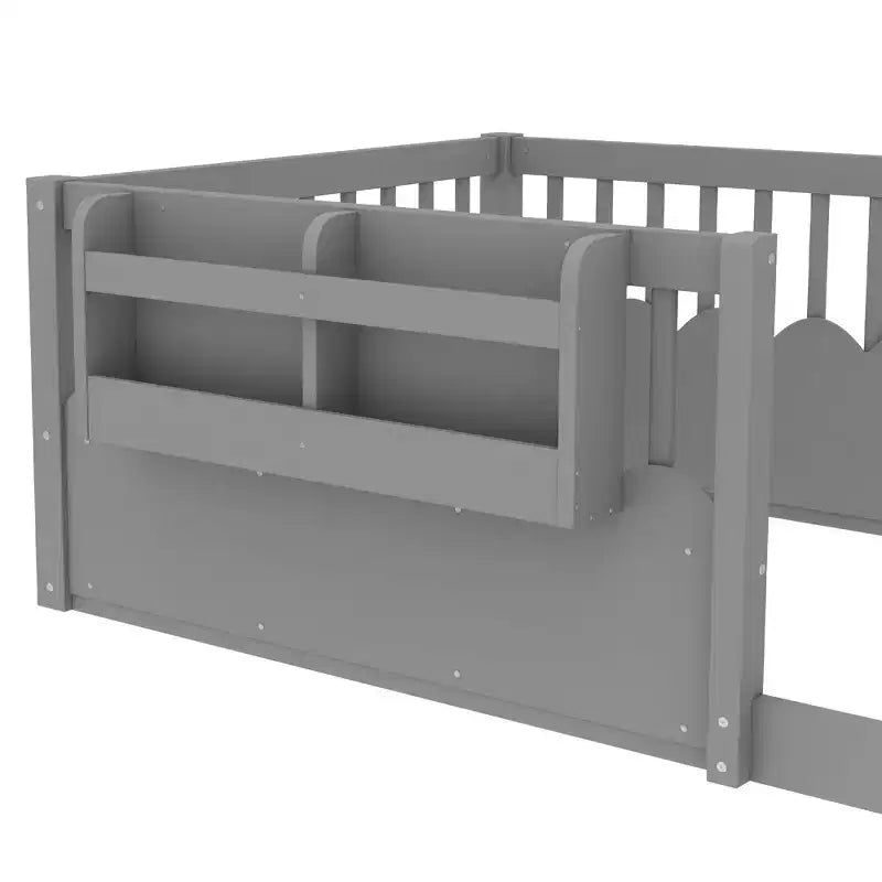 Struttura letto a pavimento Montessori per bambino, in legno, gemello/pieno/king, con recinzione rialzata e libreria, a basso profilo - ModernLuxe