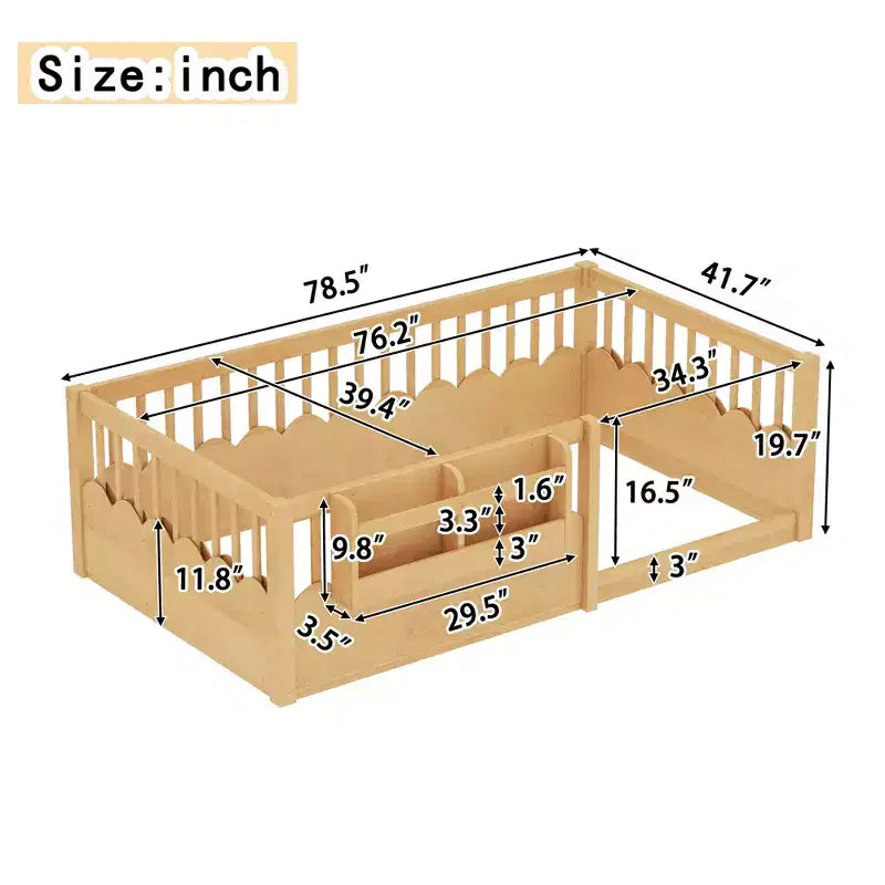Struttura letto a pavimento Montessori per bambino, in legno, gemello/pieno/king, con recinzione rialzata e libreria, a basso profilo - ModernLuxe
