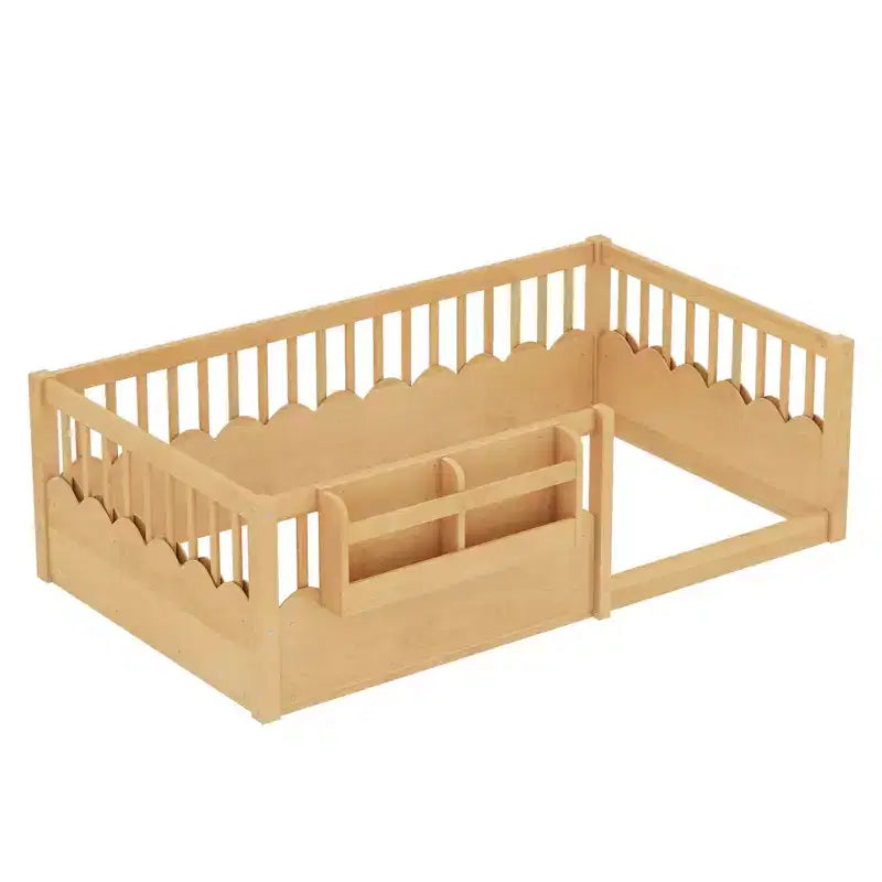 Struttura letto a pavimento Montessori per bambino, in legno, gemello/pieno/king, con recinzione rialzata e libreria, a basso profilo - ModernLuxe