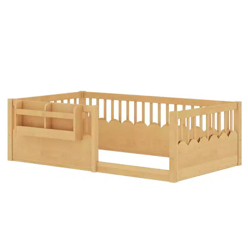 Struttura letto a pavimento Montessori per bambino, in legno, gemello/pieno/king, con recinzione rialzata e libreria, a basso profilo - ModernLuxe