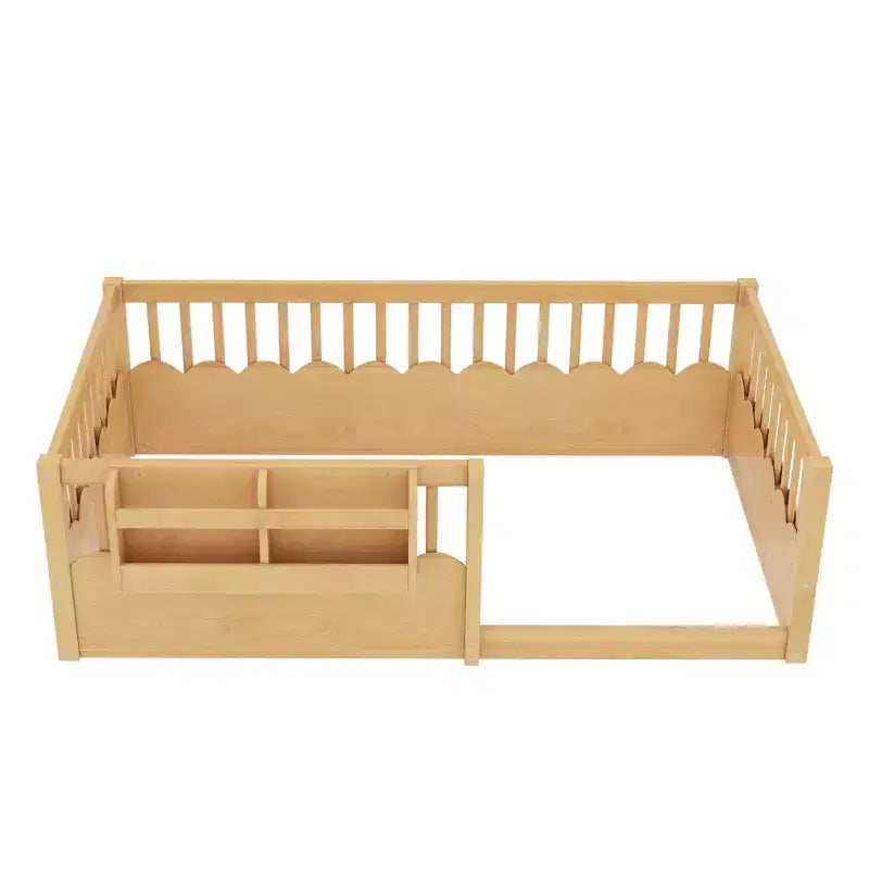 Struttura letto a pavimento Montessori per bambino, in legno, gemello/pieno/king, con recinzione rialzata e libreria, a basso profilo - ModernLuxe