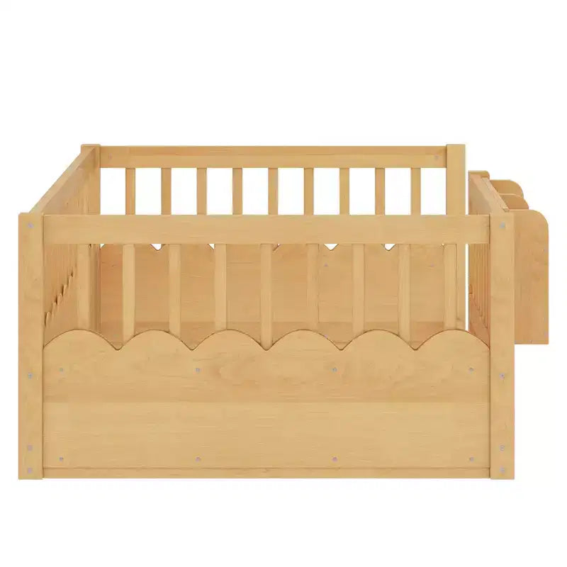Struttura letto a pavimento Montessori per bambino, in legno, gemello/pieno/king, con recinzione rialzata e libreria, a basso profilo - ModernLuxe