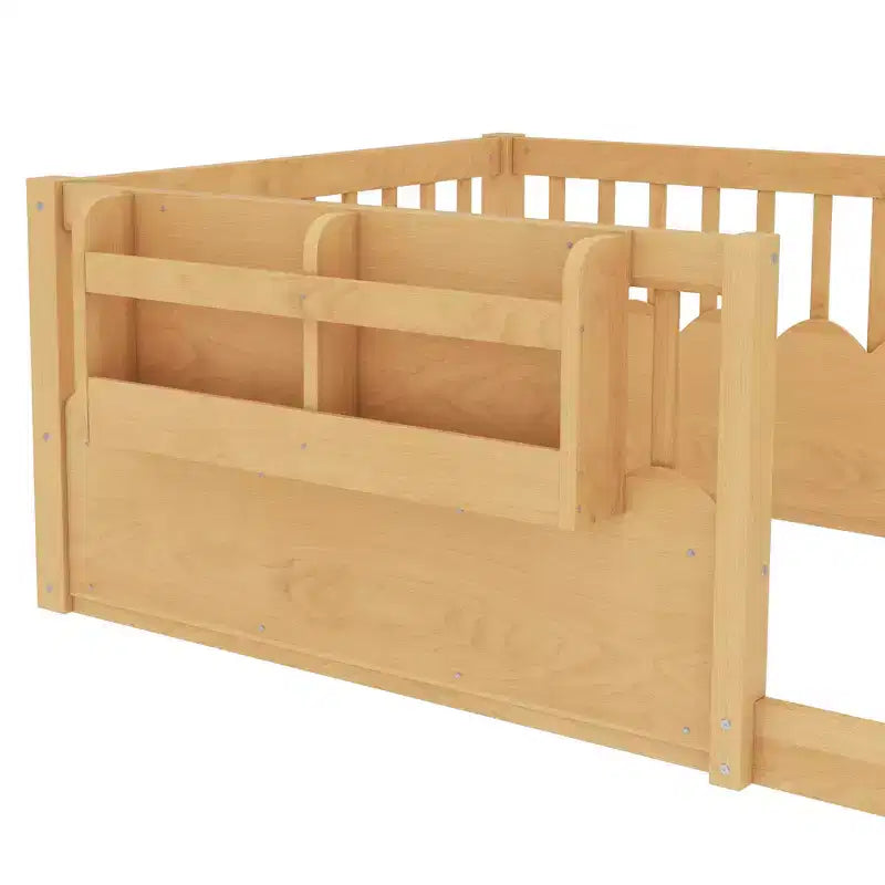 Struttura letto a pavimento Montessori per bambino, in legno, gemello/pieno/king, con recinzione rialzata e libreria, a basso profilo - ModernLuxe
