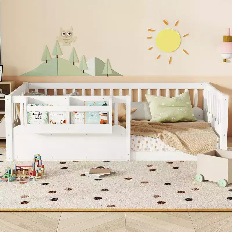 Struttura letto a pavimento Montessori per bambino, in legno, gemello/pieno/king, con recinzione rialzata e libreria, a basso profilo - ModernLuxe
