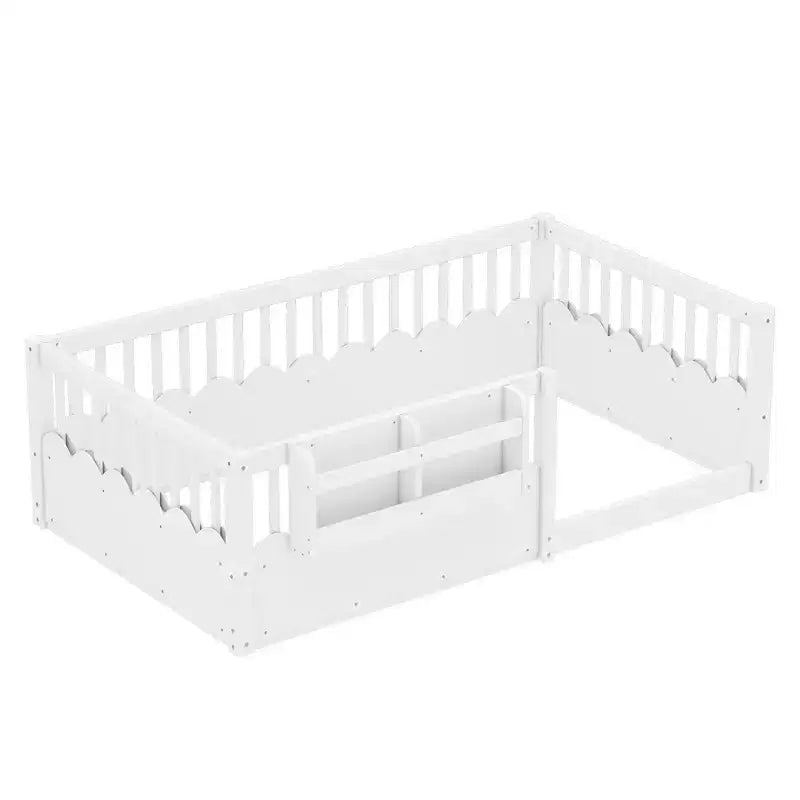 Struttura letto a pavimento Montessori per bambino, in legno, gemello/pieno/king, con recinzione rialzata e libreria, a basso profilo - ModernLuxe