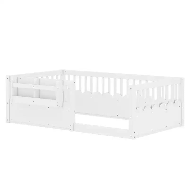 Struttura letto a pavimento Montessori per bambino, in legno, gemello/pieno/king, con recinzione rialzata e libreria, a basso profilo - ModernLuxe