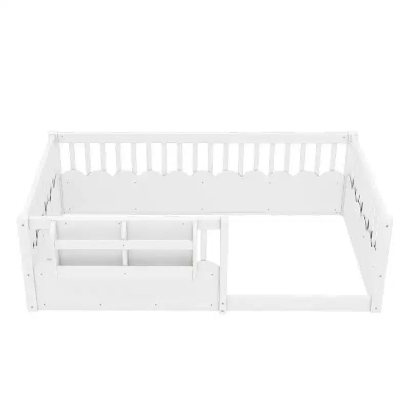 Struttura letto a pavimento Montessori per bambino, in legno, gemello/pieno/king, con recinzione rialzata e libreria, a basso profilo - ModernLuxe