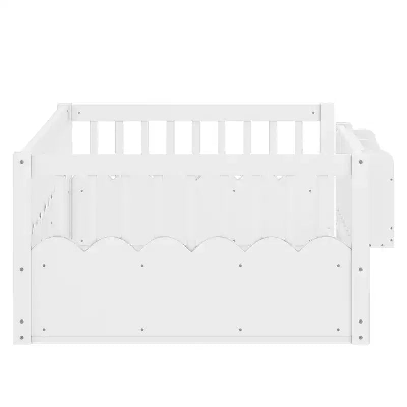 Struttura letto a pavimento Montessori per bambino, in legno, gemello/pieno/king, con recinzione rialzata e libreria, a basso profilo - ModernLuxe