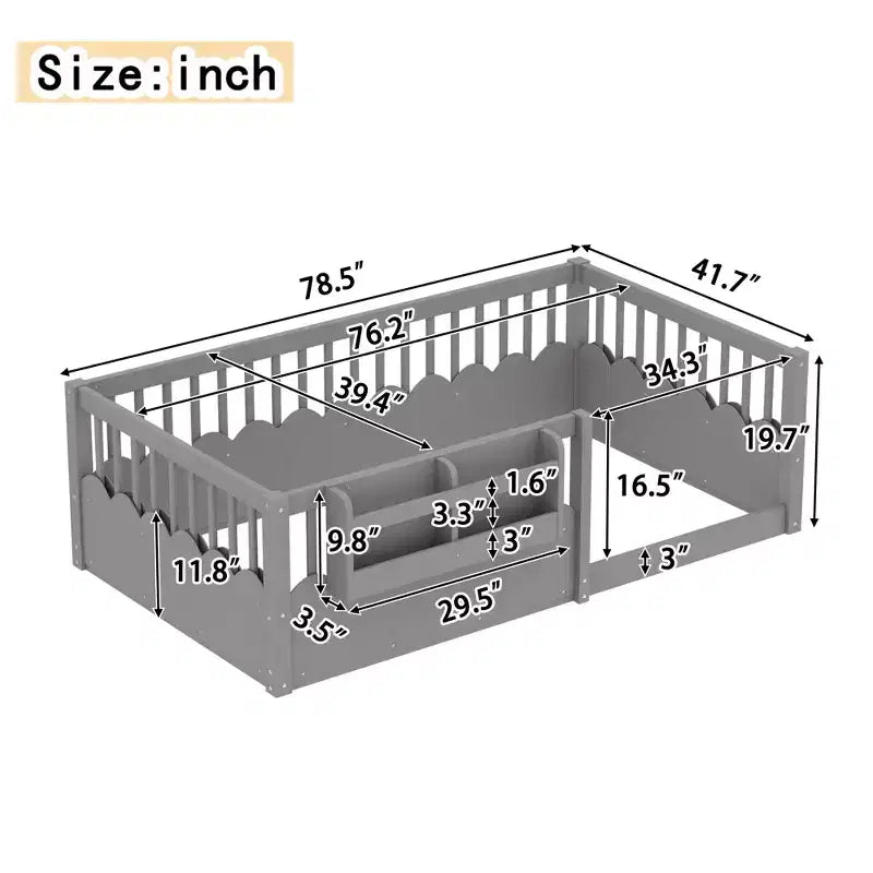 Struttura letto a pavimento Montessori per bambino, in legno, gemello/pieno/king, con recinzione rialzata e libreria, a basso profilo - ModernLuxe