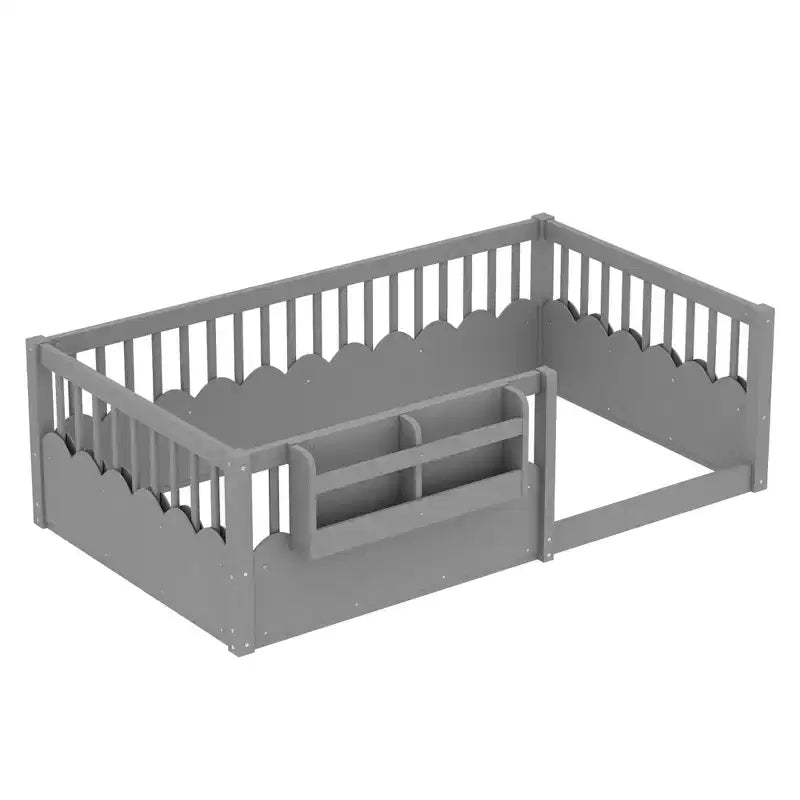 Struttura letto a pavimento Montessori per bambino, in legno, gemello/pieno/king, con recinzione rialzata e libreria, a basso profilo - ModernLuxe