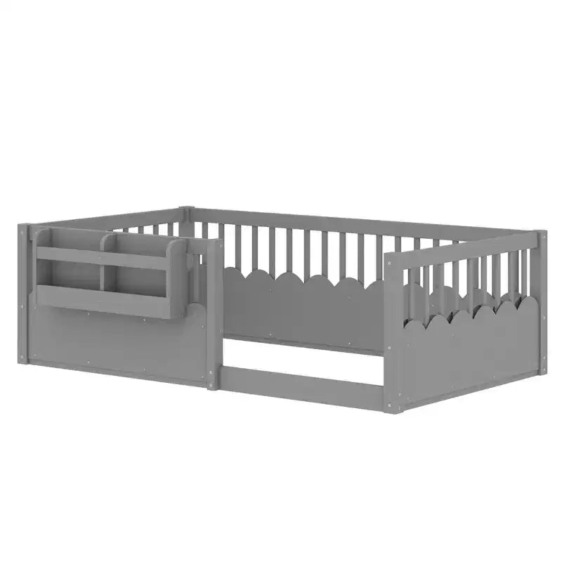 Struttura letto a pavimento Montessori per bambino, in legno, gemello/pieno/king, con recinzione rialzata e libreria, a basso profilo - ModernLuxe