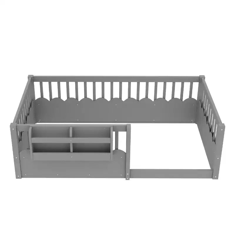 Struttura letto a pavimento Montessori per bambino, in legno, gemello/pieno/king, con recinzione rialzata e libreria, a basso profilo - ModernLuxe