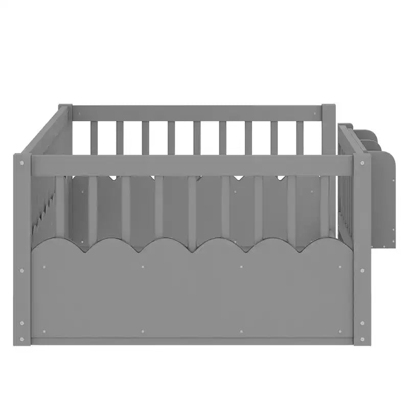 Struttura letto a pavimento Montessori per bambino, in legno, gemello/pieno/king, con recinzione rialzata e libreria, a basso profilo - ModernLuxe