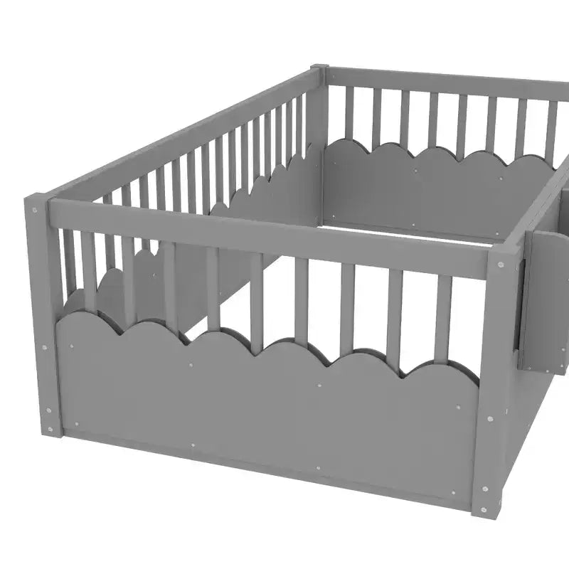Struttura letto a pavimento Montessori per bambino, in legno, gemello/pieno/king, con recinzione rialzata e libreria, a basso profilo - ModernLuxe