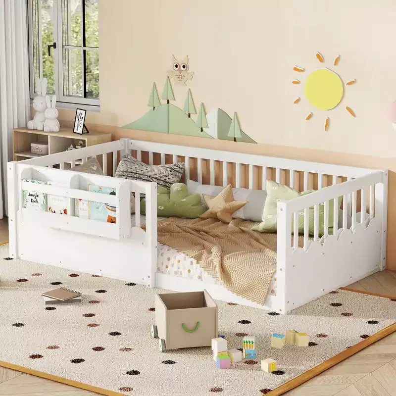 Struttura letto a pavimento Montessori per bambino, in legno, gemello/pieno/king, con recinzione rialzata e libreria, a basso profilo - ModernLuxe