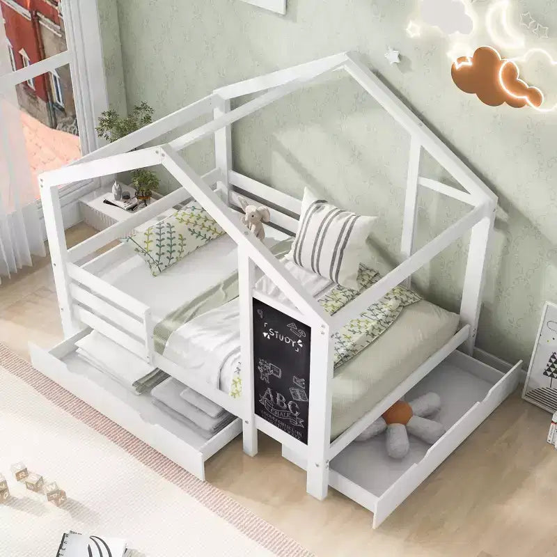Letto a capanna a grandezza naturale con lavagna e cassetti, due opzioni di montaggio, struttura letto con spondine, non è necessario il box spring, design salvaspazio
