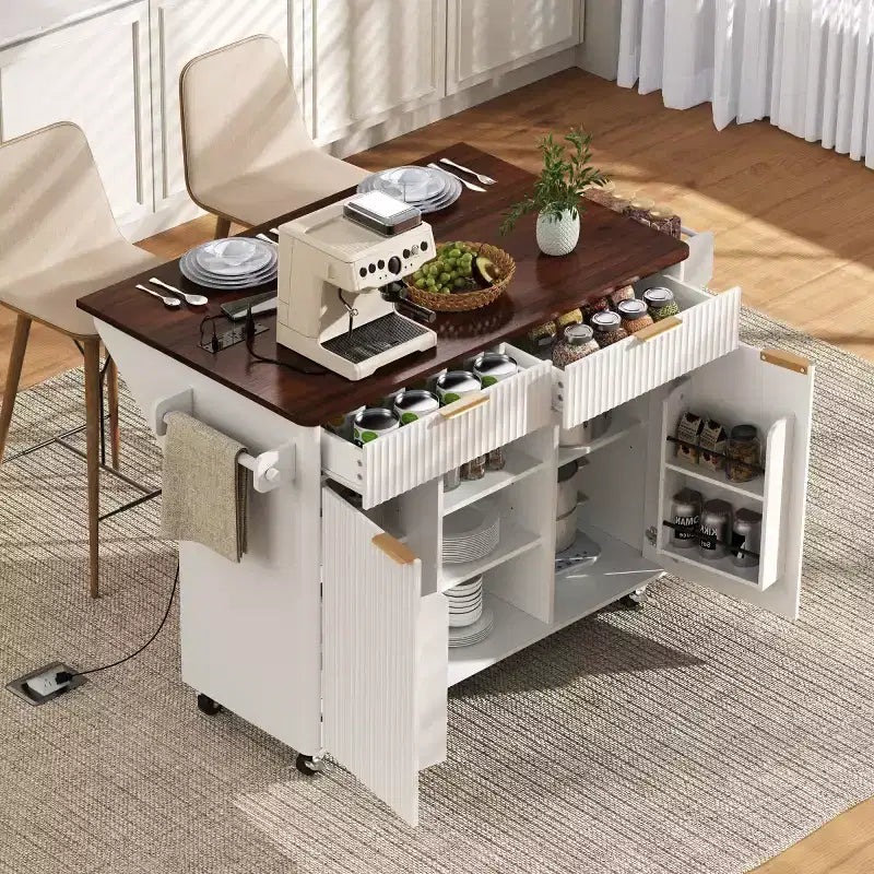 52 Isola per Cucina con Anta a Goccia e Top Effetto Marmo, Carrello Cucina su Ruote con Contenitore per Cucina o Sala da Pranzo-Panipeachy
