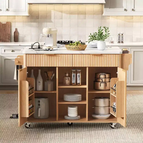 52 Isola per Cucina con Anta a Goccia e Top Effetto Marmo, Carrello Cucina su Ruote con Contenitore per Cucina o Sala da Pranzo-Panipeachy