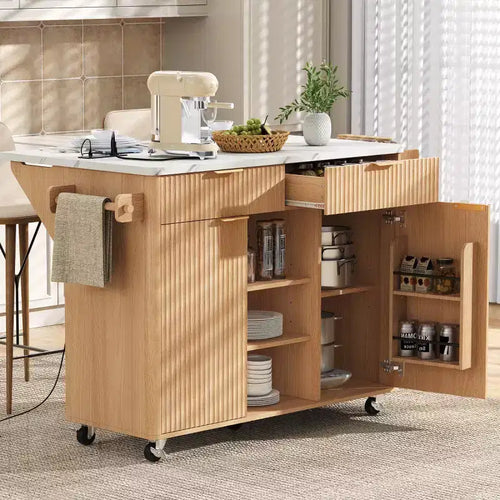 52 Farmhouse Mobile Kitchen Island with Drop Leaf and Faux Marble Top, Rolling Kitchen Cart with Storage for Kitchen or Dining Room-Panipeachy