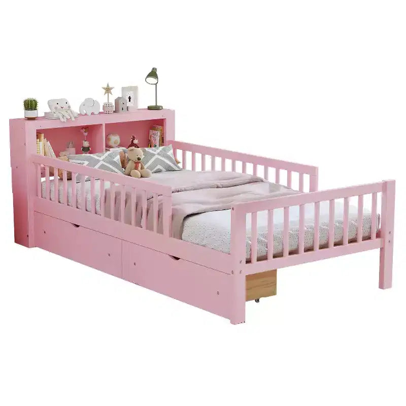 MAYEERTY Letto Singolo con Testiera Contenitore, Scaffale Contenitore, Due Cassetti Sottostanti, Tre Sponde Laterali per Camera da Letto, Rosa