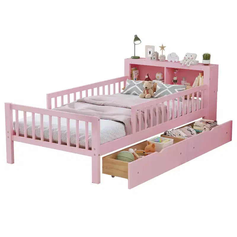 MAYEERTY Letto Singolo con Testiera Contenitore, Scaffale Contenitore, Due Cassetti Sottostanti, Tre Sponde Laterali per Camera da Letto, Rosa