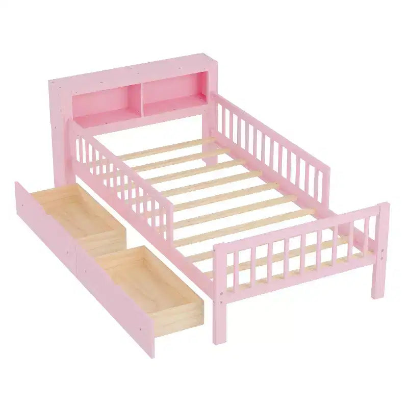 MAYEERTY Letto Singolo con Testiera Contenitore, Scaffale Contenitore, Due Cassetti Sottostanti, Tre Sponde Laterali per Camera da Letto, Rosa