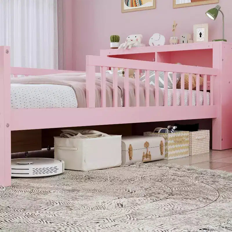 MAYEERTY Letto Singolo con Testiera Contenitore, Scaffale Contenitore, Due Cassetti Sottostanti, Tre Sponde Laterali per Camera da Letto, Rosa