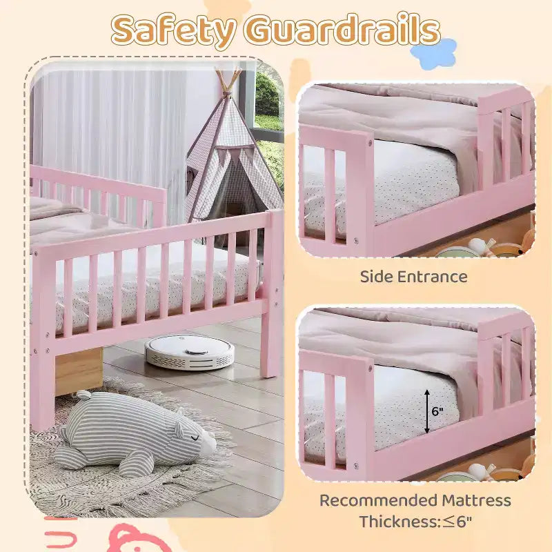 MAYEERTY Letto Singolo con Testiera Contenitore, Scaffale Contenitore, Due Cassetti Sottostanti, Tre Sponde Laterali per Camera da Letto, Rosa