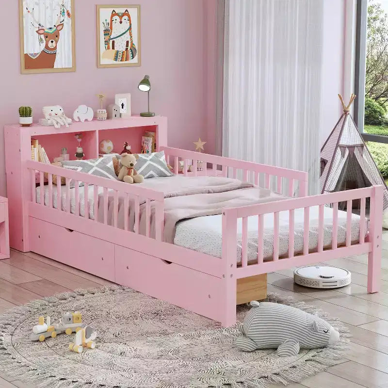 MAYEERTY Letto Singolo con Testiera Contenitore, Scaffale Contenitore, Due Cassetti Sottostanti, Tre Sponde Laterali per Camera da Letto, Rosa