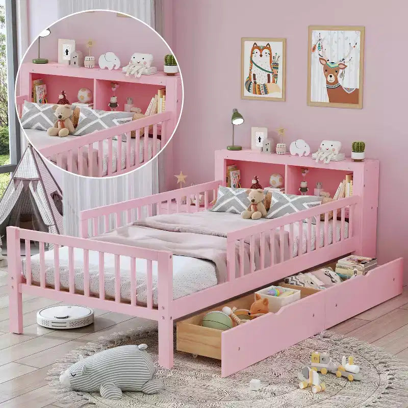 MAYEERTY Letto Singolo con Testiera Contenitore, Scaffale Contenitore, Due Cassetti Sottostanti, Tre Sponde Laterali per Camera da Letto, Rosa
