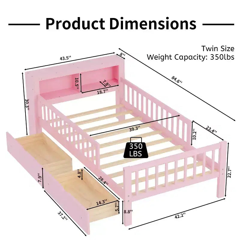 MAYEERTY Letto Singolo con Testiera Contenitore, Scaffale Contenitore, Due Cassetti Sottostanti, Tre Sponde Laterali per Camera da Letto, Rosa