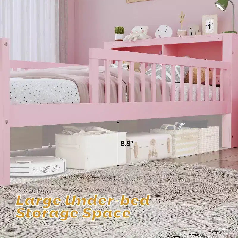 MAYEERTY Letto Singolo con Testiera Contenitore, Scaffale Contenitore, Due Cassetti Sottostanti, Tre Sponde Laterali per Camera da Letto, Rosa
