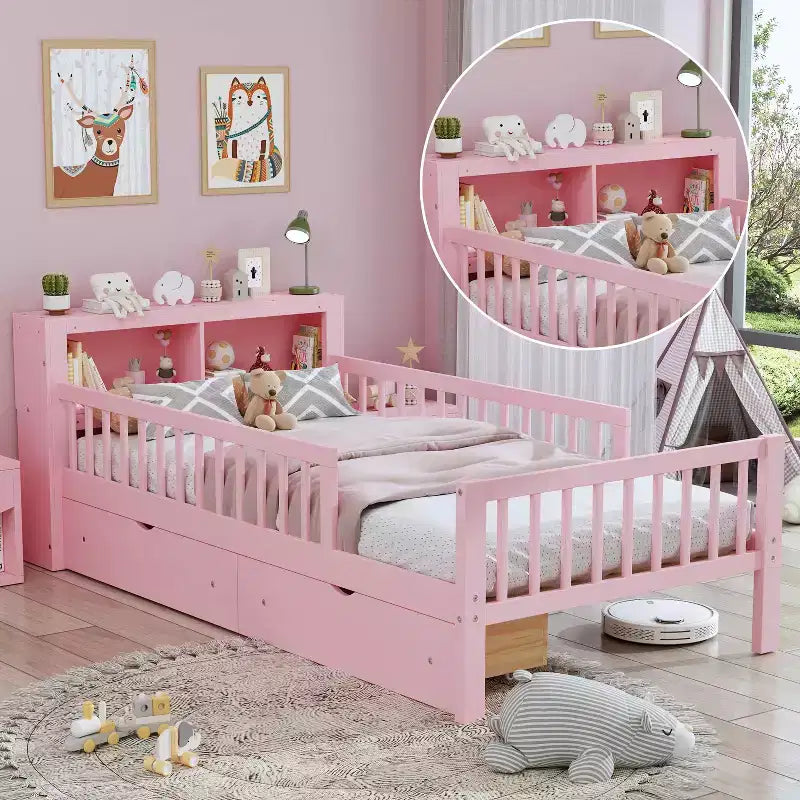 MAYEERTY Letto Singolo con Testiera Contenitore, Scaffale Contenitore, Due Cassetti Sottostanti, Tre Sponde Laterali per Camera da Letto, Rosa