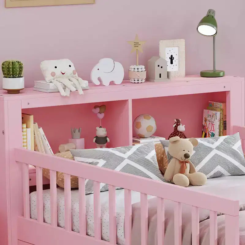 MAYEERTY Letto Singolo con Testiera Contenitore, Scaffale Contenitore, Due Cassetti Sottostanti, Tre Sponde Laterali per Camera da Letto, Rosa