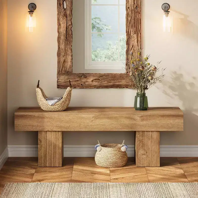 Panca Lantine 55 in legno rustico marrone chiaro, adatta per sala da pranzo, camera da letto, cucina, corridoio come panca da ingresso o da fondo letto.