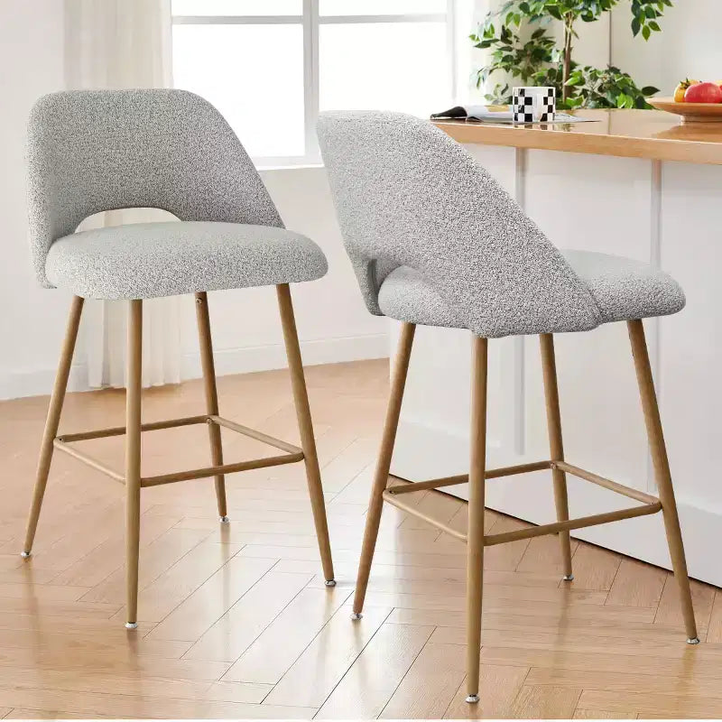 Set di 4 Sgabelli da Bar con Schienale in Bouclé, Altezza Bancone, Sgabelli da Colazione da 27" in Stile Moderno di Metà Secolo con Gambe in Metallo Effetto Legno - Panipeachy