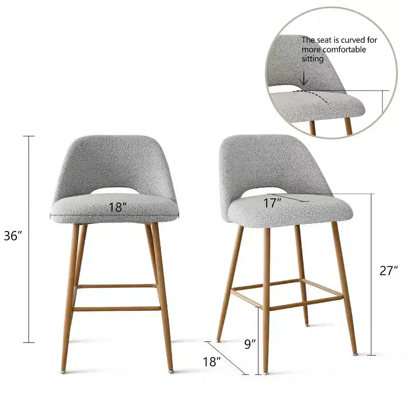 Set di 4 Sgabelli da Bar con Schienale in Bouclé, Altezza Bancone, Sgabelli da Colazione da 27" in Stile Moderno di Metà Secolo con Gambe in Metallo Effetto Legno - Panipeachy